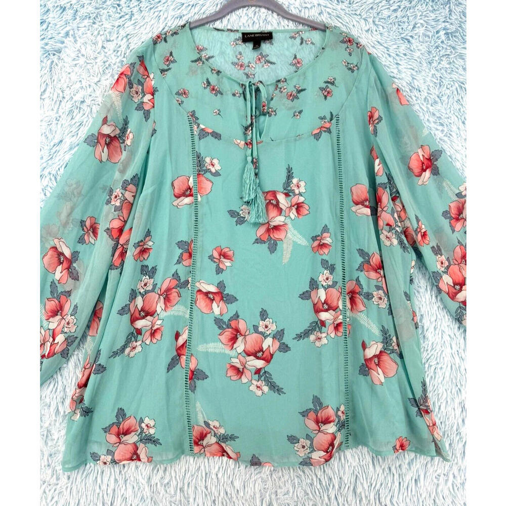 Lane Bryant Women's Size 22 Floral Balloon Sleeve Keyhole Tassel Neck Top - Chic - Picture 8 of 13